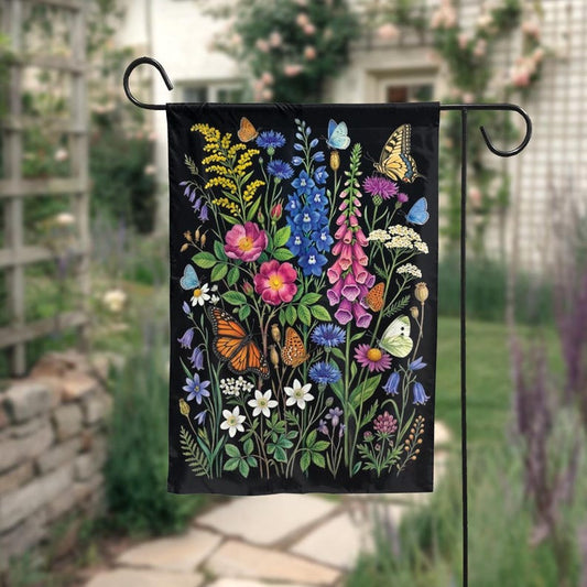 Wildflower Butterfly Garden Flag, Dark Floral Meadow Yard Banner, Colorful Outdoor Decor