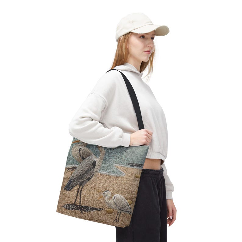 Coastal Heron Beach Tote Bag, Nautical Summer Tote, Ocean Bird Canvas Bag, Lakehouse Beach Bag, Coastal Travel Tote, Gift for Her