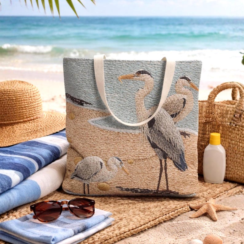 Coastal Heron Beach Tote Bag, Nautical Summer Tote, Ocean Bird Canvas Bag, Lakehouse Beach Bag, Coastal Travel Tote, Gift for Her