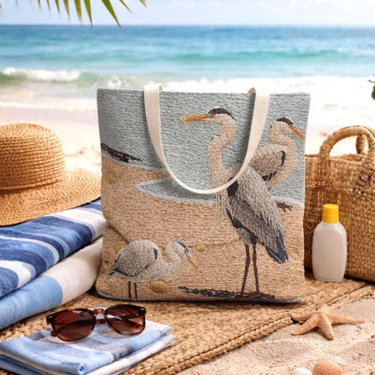 Coastal Heron Beach Tote Bag, Nautical Summer Tote, Ocean Bird Canvas Bag, Lakehouse Beach Bag, Coastal Travel Tote, Gift for Her