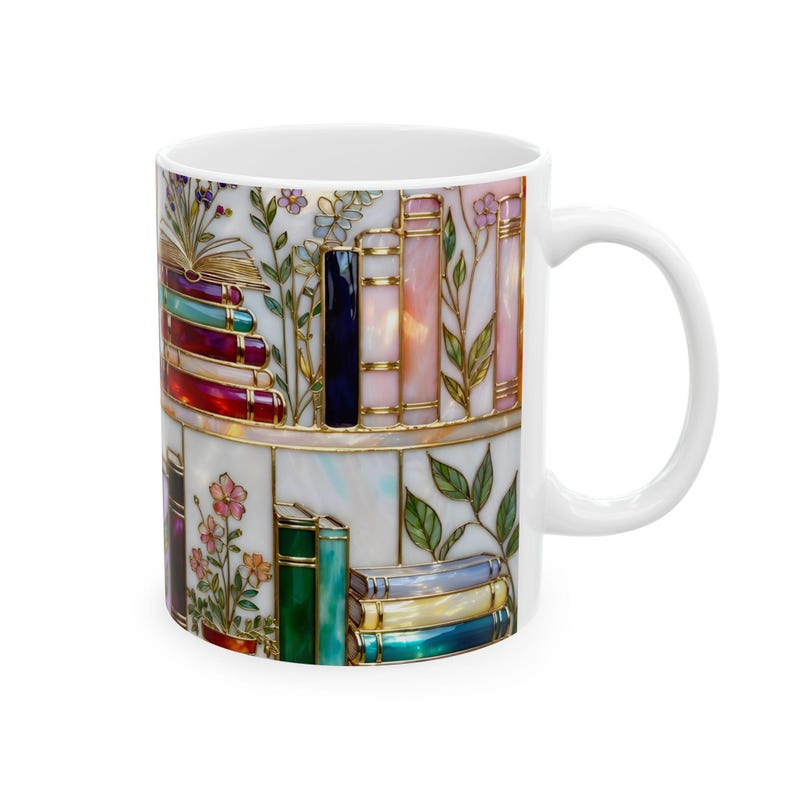 Floral Bookish Stained-Glass Style Mug, Book Lover Gift, Library Aesthetic Cup, Reading Mug