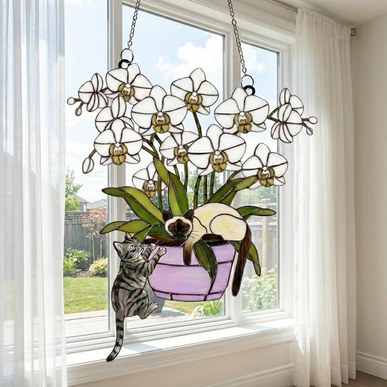 Custom Orchid Cat Suncatcher, Personalized Stained Acrylic Window Hanging, Cute Cats with Purple Flowers, Cat Lover Gift, Home Decor Art
