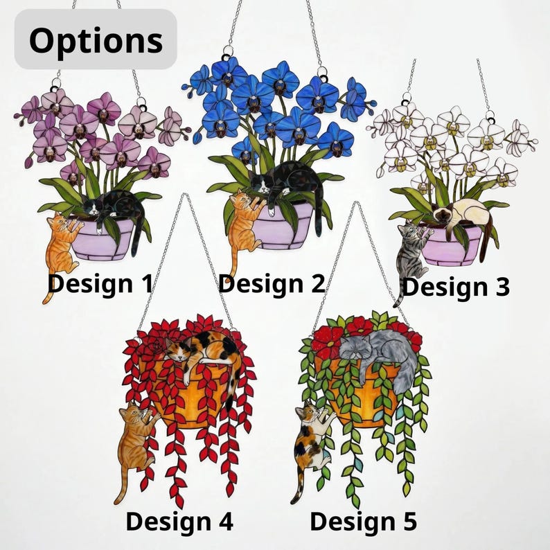 Custom Orchid Cat Suncatcher, Personalized Stained Acrylic Window Hanging, Cute Cats with Purple Flowers, Cat Lover Gift, Home Decor Art