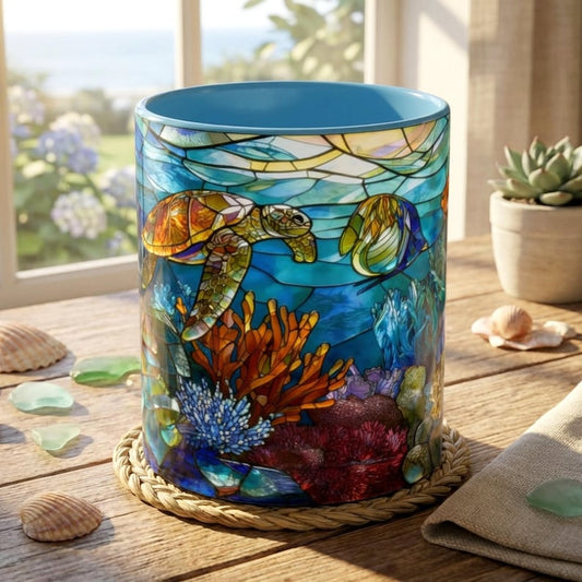 Stained Glass Sea Turtle Mug, Coral Reef Ocean Coffee Cup, Sea Turtle Gift For Her, Beach Lover Mug, Underwater Ocean Gift, Tropical Fish