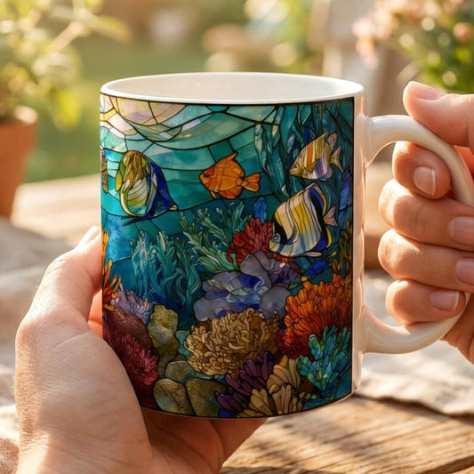 Stained Glass Sea Turtle Mug, Coral Reef Ocean Coffee Cup, Sea Turtle Gift For Her, Beach Lover Mug, Underwater Ocean Gift, Tropical Fish