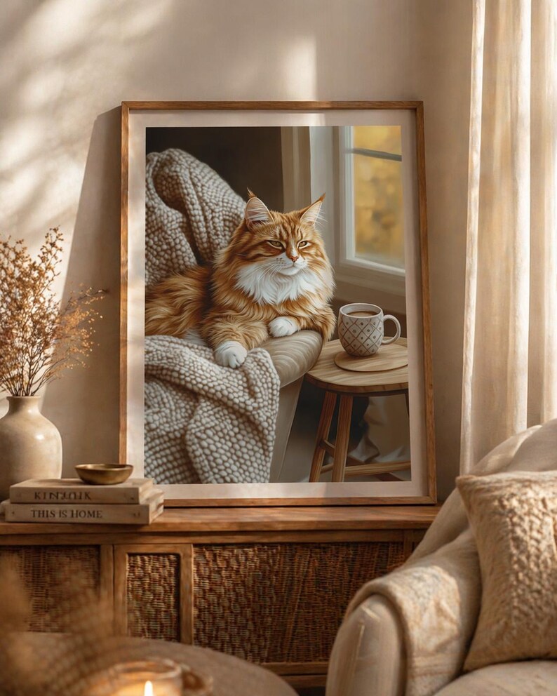 Cozy Orange Cat Wall Art, Hygge Home Decor Print, Warm Minimalist Living Room Poster