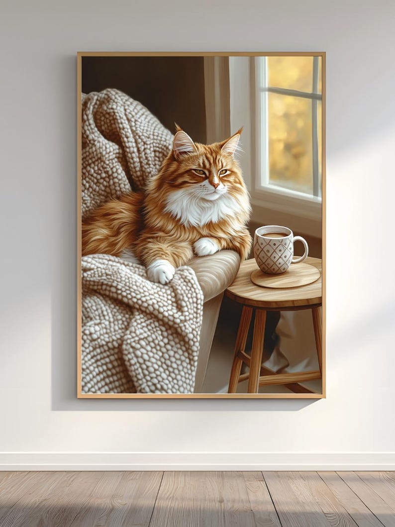 Cozy Orange Cat Wall Art, Hygge Home Decor Print, Warm Minimalist Living Room Poster