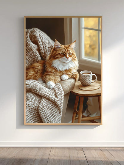 Cozy Orange Cat Wall Art, Hygge Home Decor Print, Warm Minimalist Living Room Poster