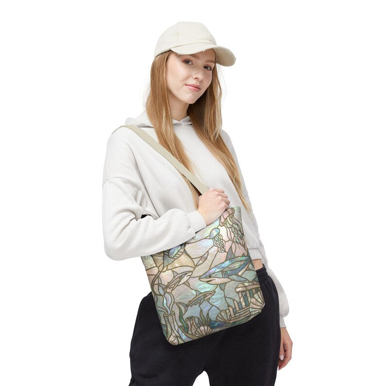 Coastal Shark Tote Bag Beach Bag Ocean Lover Gift, Stained Glass Style Tote, Luxury Beach Tote, Nautical Bag, Coastal Mom Gift, Reusable Bag