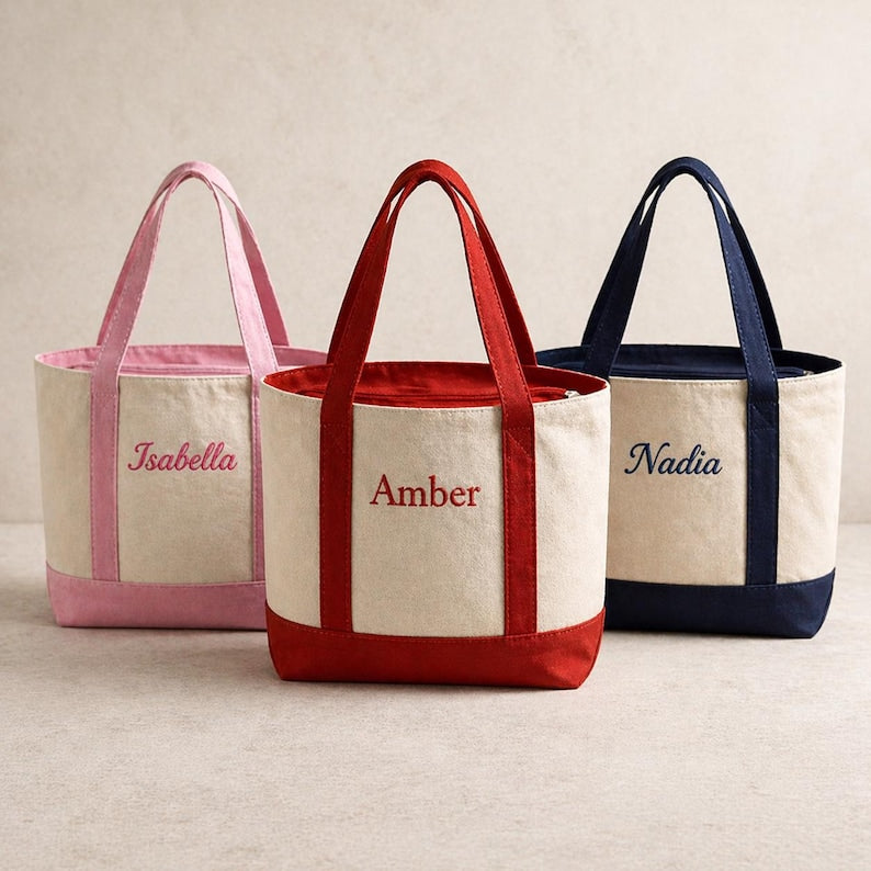 Custom Embroidered Tote Bag, Personalized Name Canvas Tote, Zipper Bag, Aesthetic Everyday Tote, Gift For Her, Personalized Embroidered Tote