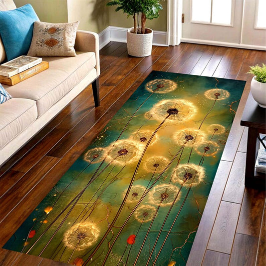Golden Dandelion Runner Rug: Emerald Botanical Hallway Carpet, Non-Slip Machine-Washable
