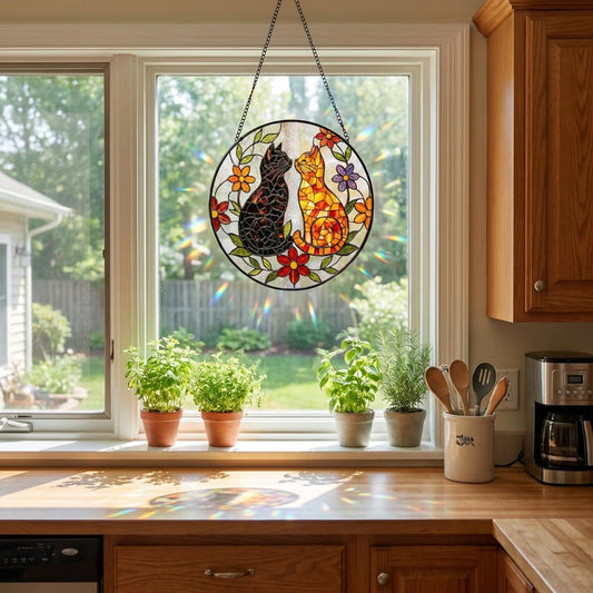 Couple Cats Stained Glass Suncatcher, Black & Orange Cat Window Hanging, Floral Cat Ornament, Cat Lover Gift, Home Decor