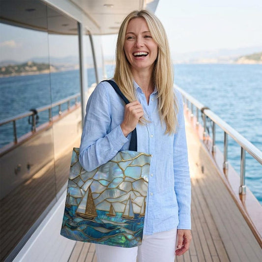 Mothers Day Beach Tote Bag Coastal Nautical Tote Blue Gold Sailboat Bag Ocean Beach Bag Gift for Mom Summer Vacation Bag