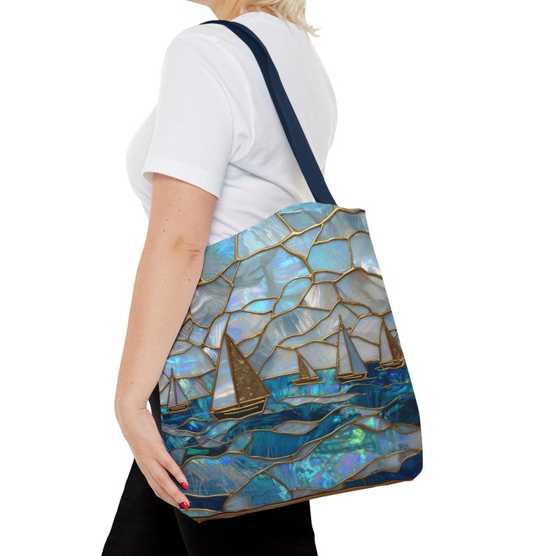 Mothers Day Beach Tote Bag Coastal Nautical Tote Blue Gold Sailboat Bag Ocean Beach Bag Gift for Mom Summer Vacation Bag
