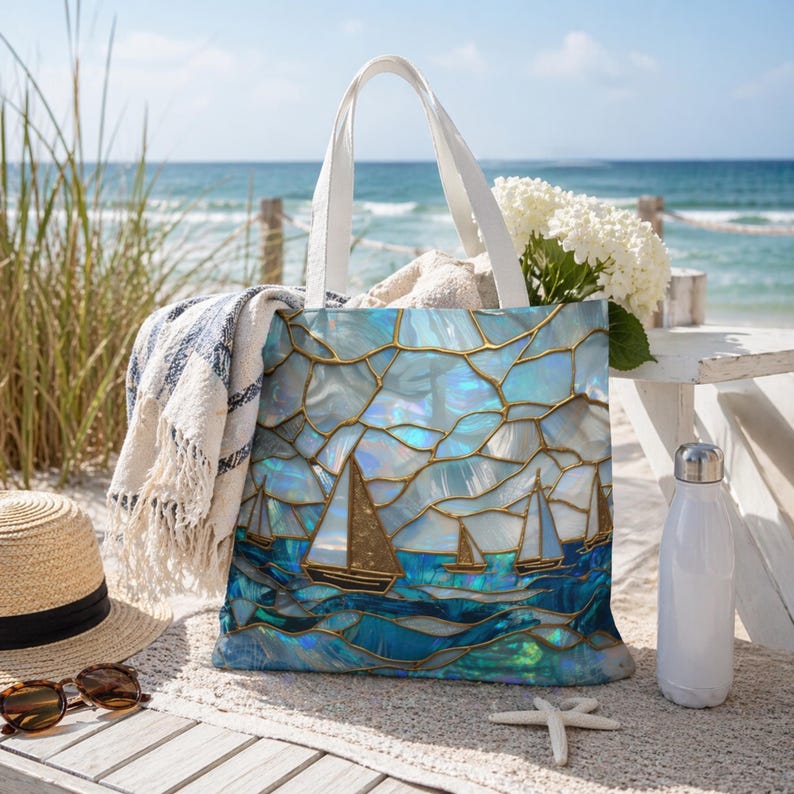 Mothers Day Beach Tote Bag Coastal Nautical Tote Blue Gold Sailboat Bag Ocean Beach Bag Gift for Mom Summer Vacation Bag
