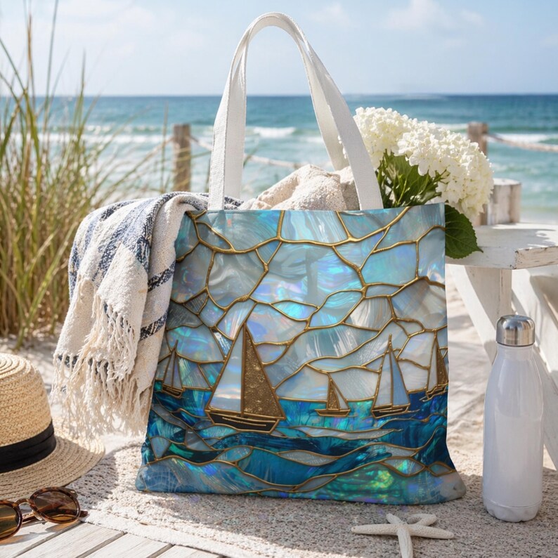 Mothers Day Beach Tote Bag Coastal Nautical Tote Blue Gold Sailboat Bag Ocean Beach Bag Gift for Mom Summer Vacation Bag
