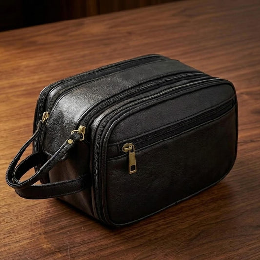 Black Leather Toiletry Bag Men Large Travel Organizer Double Zip Grooming Dopp Bag Handcrafted Cosmetic Case Durable Gift for Him Dad