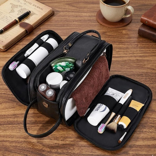 Black Leather Toiletry Bag Men Large Travel Organizer Double Zip Grooming Dopp Bag Handcrafted Cosmetic Case Durable Gift for Him Dad