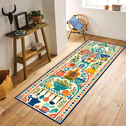 Mediterranean Kitchen Runner Rug: Folk Art Cooking Carpet, Non-Slip Machine-Washable