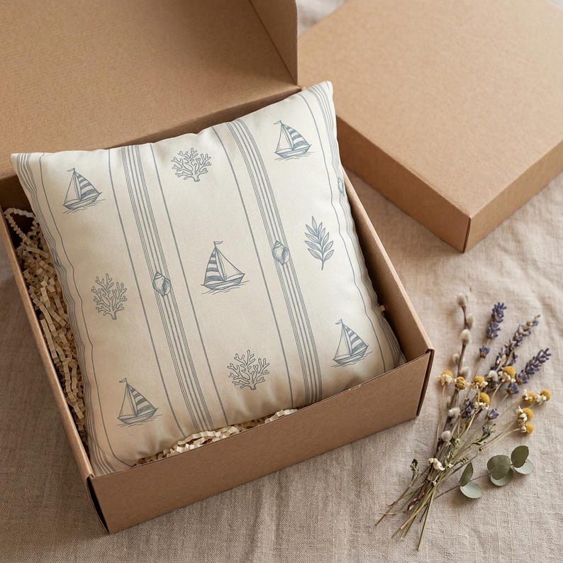 Coastal Sailboat Pillow Cover for Beach House Guest Room, Blue White Nautical Throw Pillowcase, Airbnb Home Decor Ocean Theme Cushion Case