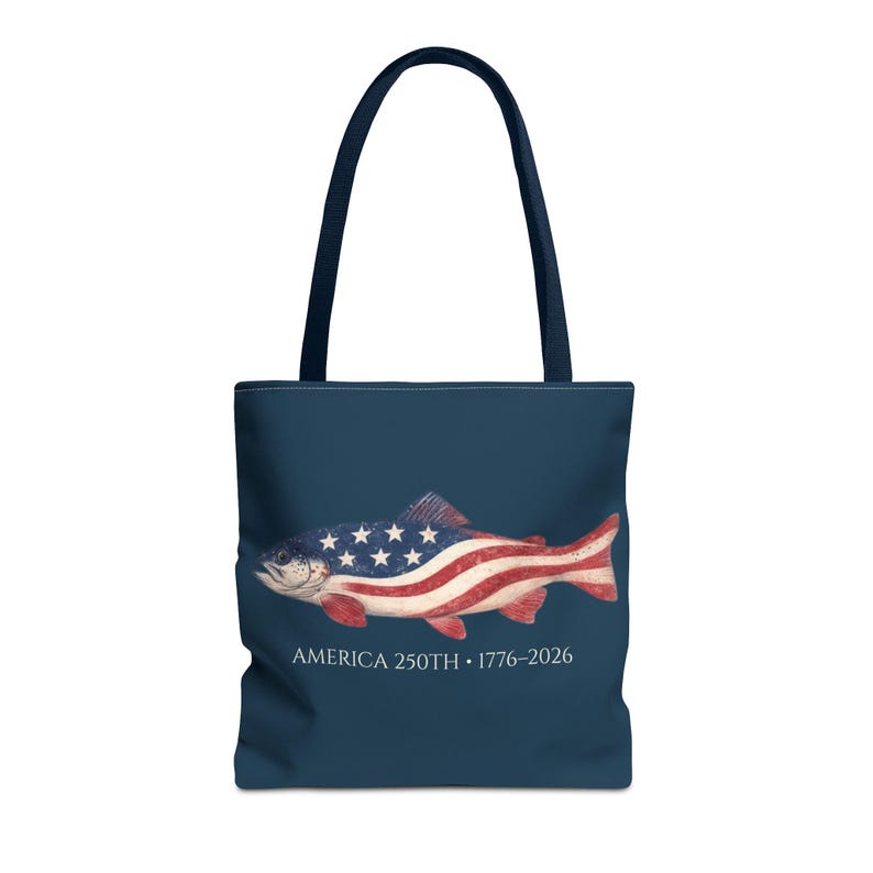 American 250th Trout Tote Bag, Patriotic Fishing Bag, 1776 2026 USA Gift, Lake Day Beach Tote, Fisherman Gift, Independence Day, USA bag