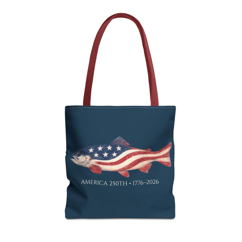 American 250th Trout Tote Bag, Patriotic Fishing Bag, 1776 2026 USA Gift, Lake Day Beach Tote, Fisherman Gift, Independence Day, USA bag