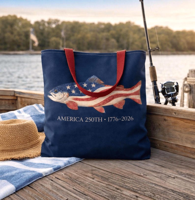 American 250th Trout Tote Bag, Patriotic Fishing Bag, 1776 2026 USA Gift, Lake Day Beach Tote, Fisherman Gift, Independence Day, USA bag