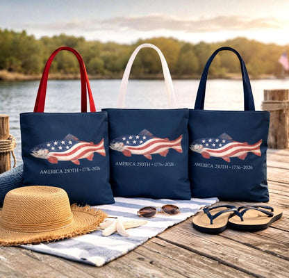 American 250th Trout Tote Bag, Patriotic Fishing Bag, 1776 2026 USA Gift, Lake Day Beach Tote, Fisherman Gift, Independence Day, USA bag