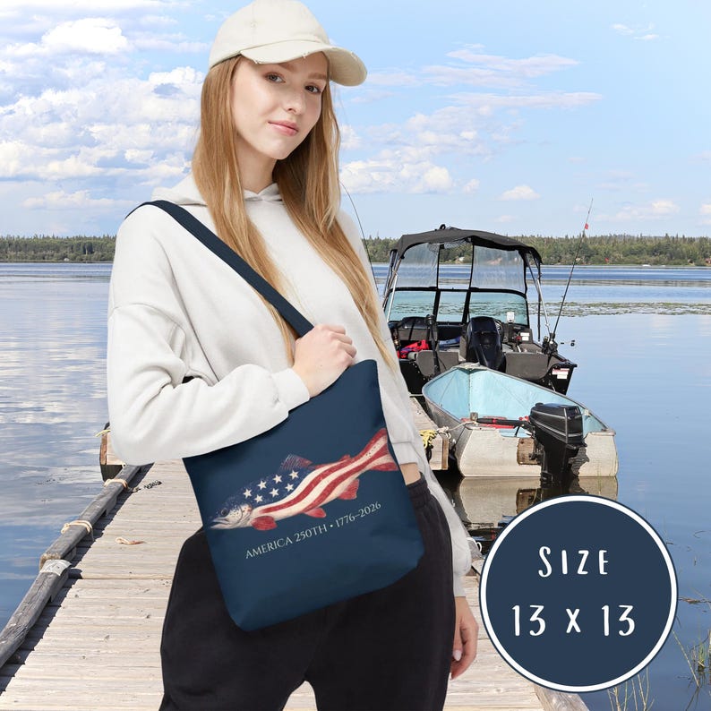 American 250th Trout Tote Bag, Patriotic Fishing Bag, 1776 2026 USA Gift, Lake Day Beach Tote, Fisherman Gift, Independence Day, USA bag
