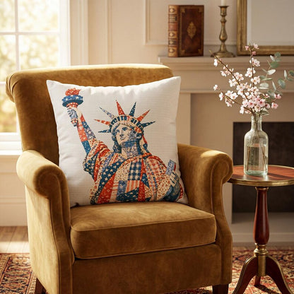 Patriotic Faux Patchwork Pillow Cover, Statue of Liberty USA Decor, New York Americana Throw Pillowcase, Red White Blue Rustic Cushion Case