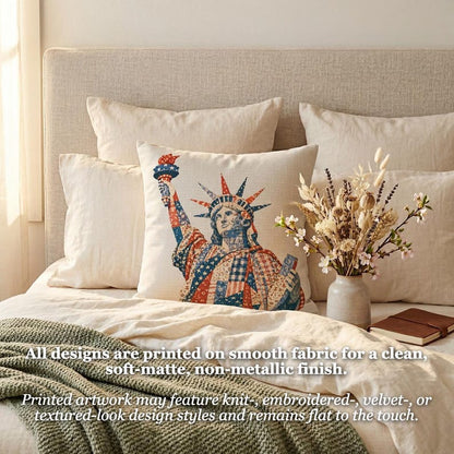 Patriotic Faux Patchwork Pillow Cover, Statue of Liberty USA Decor, New York Americana Throw Pillowcase, Red White Blue Rustic Cushion Case