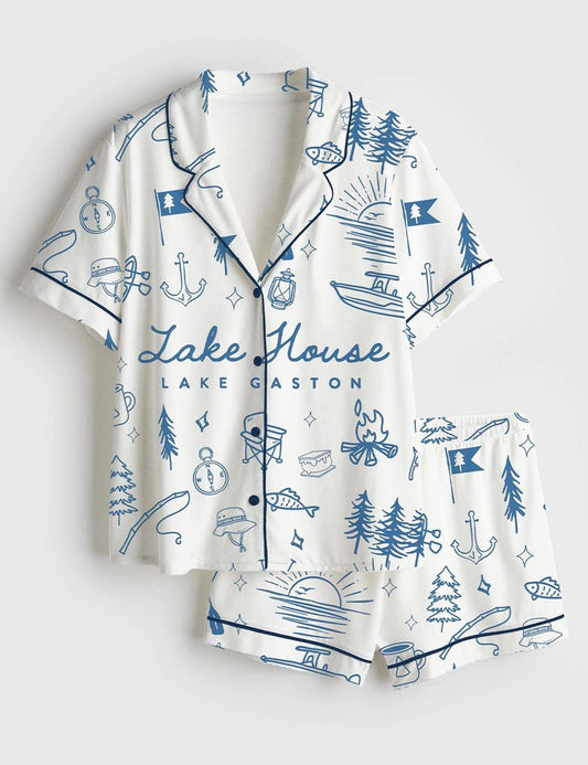 Lake House Pajama Set Women Camping Sleepwear Vacation Lounge Outfit Summer Pjs Gift