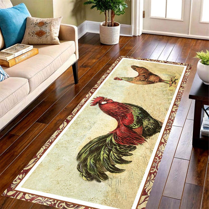 Vintage Rooster Runner Rug: Farmhouse Chicken Kitchen Carpet, Non-Slip Machine-Washable