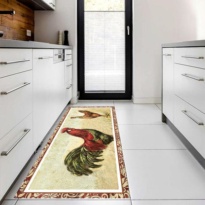 Vintage Rooster Runner Rug: Farmhouse Chicken Kitchen Carpet, Non-Slip Machine-Washable