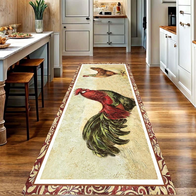 Vintage Rooster Runner Rug: Farmhouse Chicken Kitchen Carpet, Non-Slip Machine-Washable
