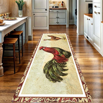 Vintage Rooster Runner Rug: Farmhouse Chicken Kitchen Carpet, Non-Slip Machine-Washable