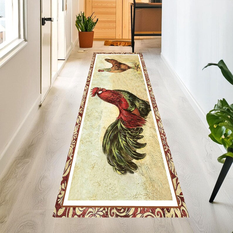 Vintage Rooster Runner Rug: Farmhouse Chicken Kitchen Carpet, Non-Slip Machine-Washable