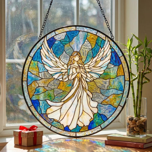 Handcrafted Praying Angel Stained Glass Suncatcher, Winged Angel Window Hanging, Religious Gift, Birthday Present, Boho Prism Decor