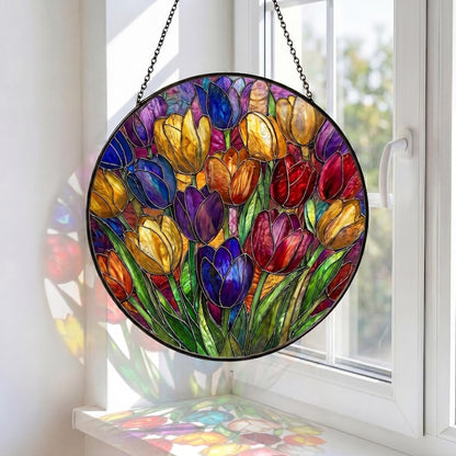 Stained Glass Heart Tulip Suncatcher, Colorful Spring Floral Window Hanging, Tulip Heart Decor, Mother’s Day Gift, Vibrant Garden Glass Art
