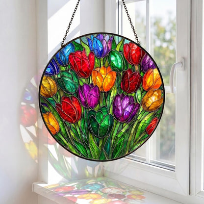 Stained Glass Heart Tulip Suncatcher, Colorful Spring Floral Window Hanging, Tulip Heart Decor, Mother’s Day Gift, Vibrant Garden Glass Art