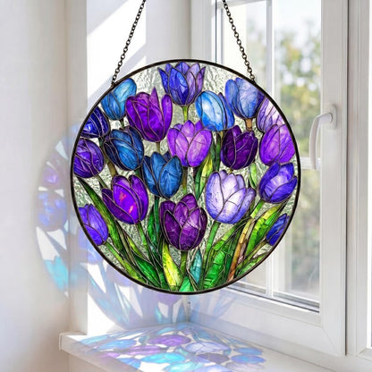 Stained Glass Heart Tulip Suncatcher, Colorful Spring Floral Window Hanging, Tulip Heart Decor, Mother’s Day Gift, Vibrant Garden Glass Art