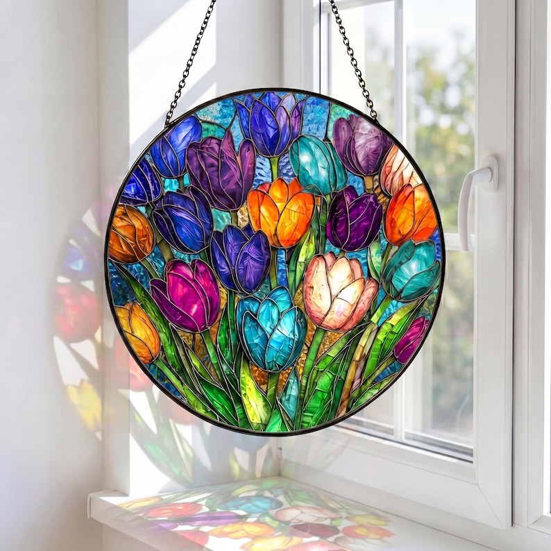 Stained Glass Heart Tulip Suncatcher, Colorful Spring Floral Window Hanging, Tulip Heart Decor, Mother’s Day Gift, Vibrant Garden Glass Art