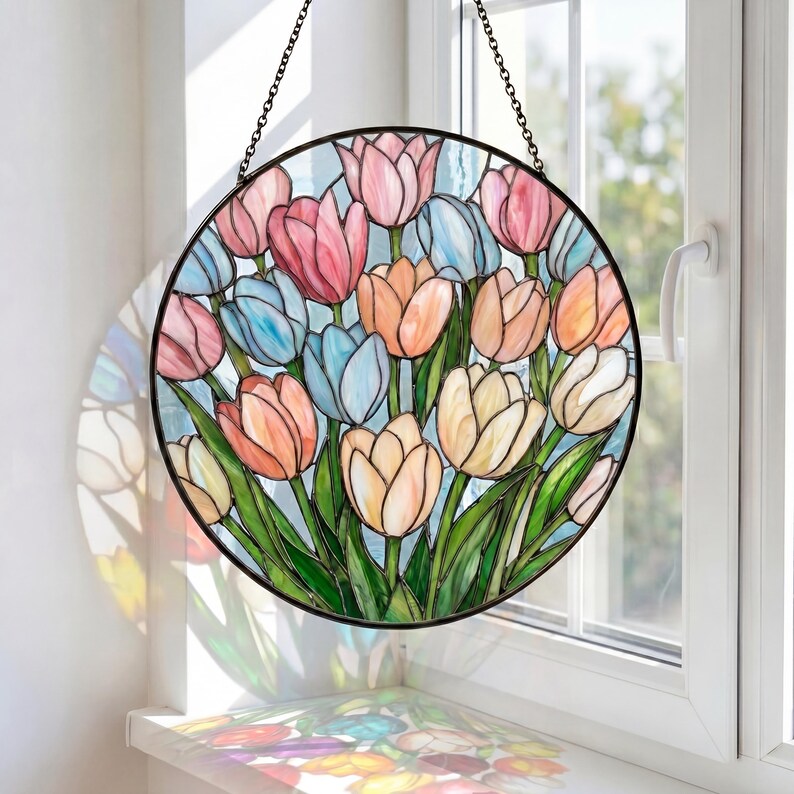 Stained Glass Heart Tulip Suncatcher, Colorful Spring Floral Window Hanging, Tulip Heart Decor, Mother’s Day Gift, Vibrant Garden Glass Art