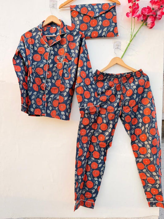 Floral Cotton Pajama Set for Women, Soft Breathable Sleepwear, Hand Block Print PJs, Button Down Nightwear, Lounge Set Gift