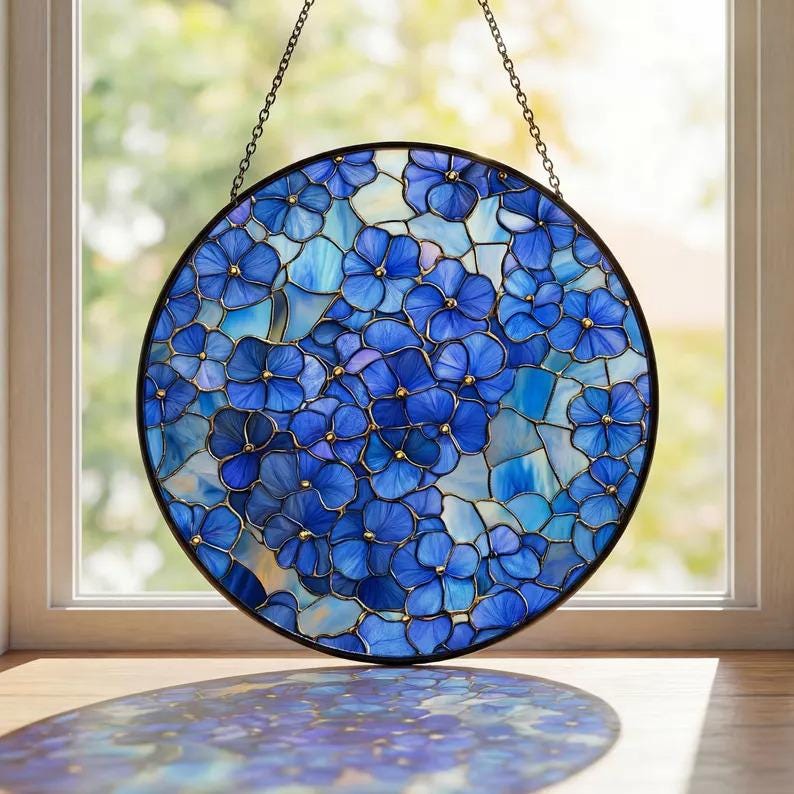 Blue Hydrangea Stained Glass Suncatcher, Floral Window Hanging, Vintage Garden Glass Art, Elegant Home Decor Gift