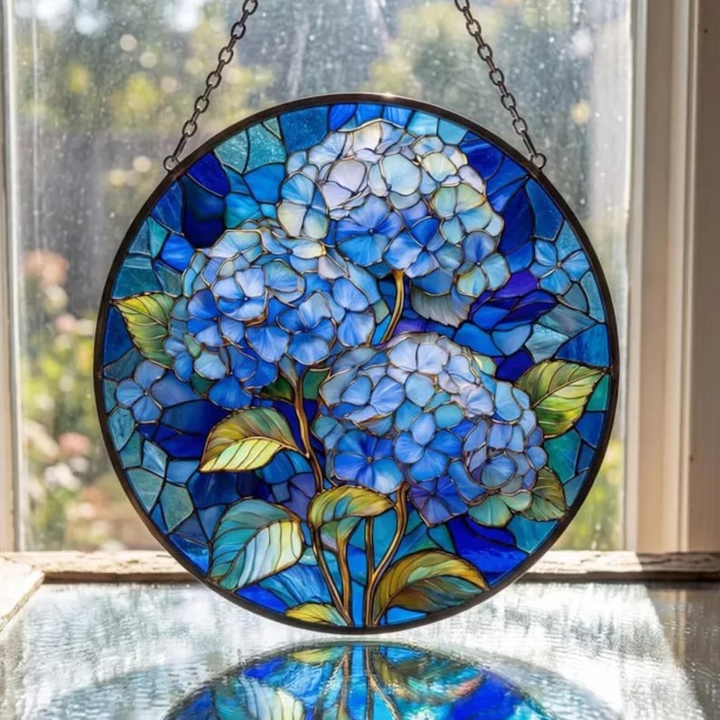 Blue Hydrangea Stained Glass Suncatcher, Floral Window Hanging, Vintage Garden Glass Art, Elegant Home Decor Gift