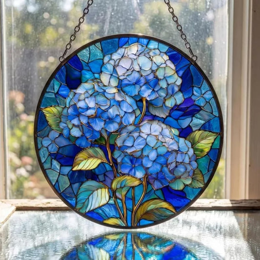 Blue Hydrangea Stained Glass Suncatcher, Floral Window Hanging, Vintage Garden Glass Art, Elegant Home Decor Gift
