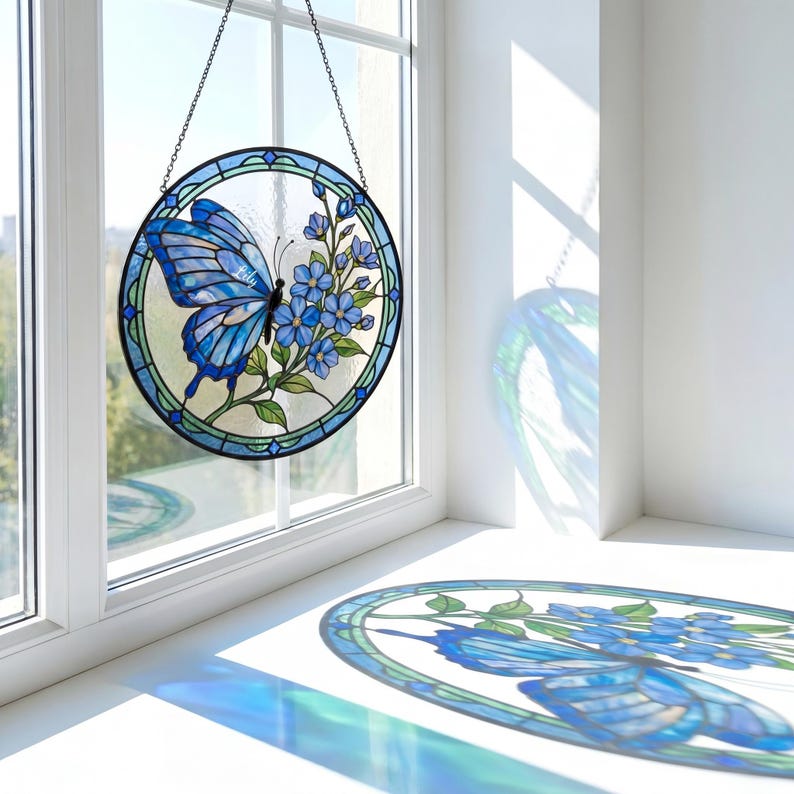Custom Blue Butterfly Memorial Suncatcher, Custom Name Glass Window Hanging, Forget Me Not Floral Sympathy Gift, Botanical Stained Glass