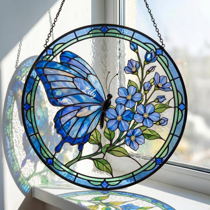 Custom Blue Butterfly Memorial Suncatcher, Custom Name Glass Window Hanging, Forget Me Not Floral Sympathy Gift, Botanical Stained Glass