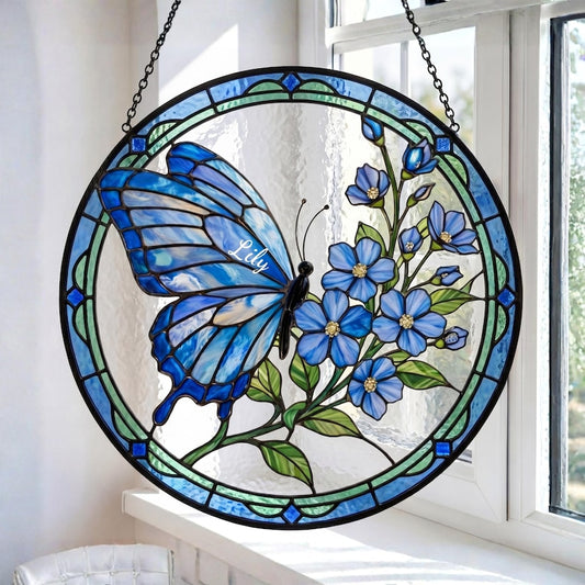 Custom Blue Butterfly Memorial Suncatcher, Custom Name Glass Window Hanging, Forget Me Not Floral Sympathy Gift, Botanical Stained Glass